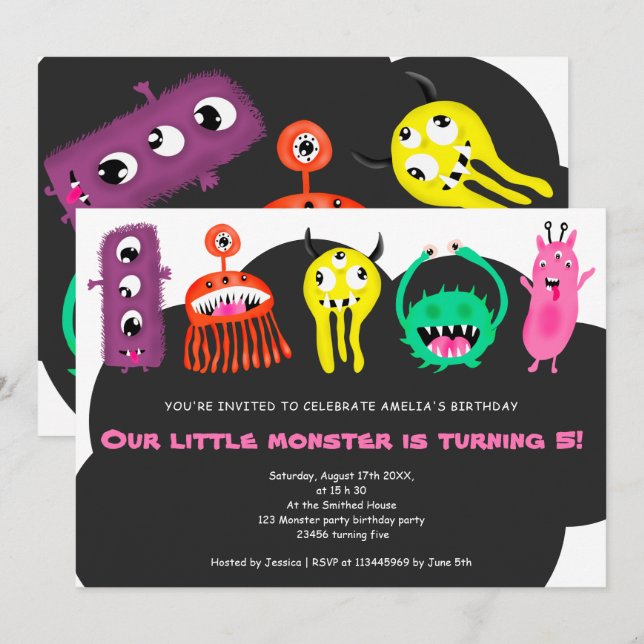 Cute-monster, illustration 5:e födelsedagsfesten inbjudningar (Fram/baksida)