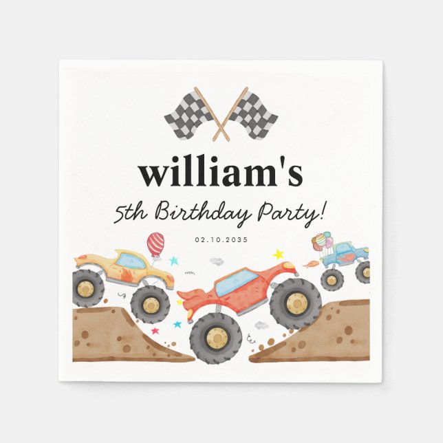 Cute Monster Lastbil Bash Car Tävling Flaggor föde Pappersservett (Framsidan)