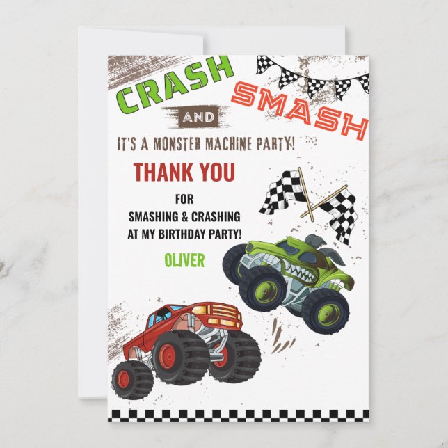 Cute Monster Maskin Car Lastbil Kid Birthday Boy Tack Kort (Framsida)