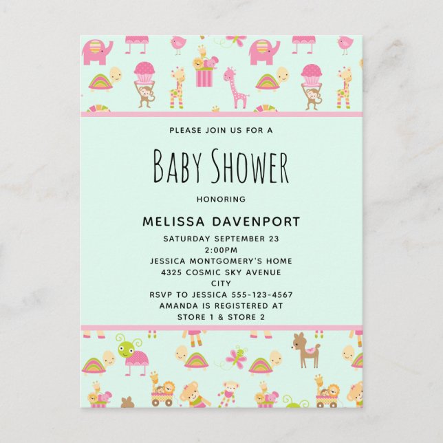 Cute Mönster med Nursery Animals Baby Shower Inbjudan Vykort (Framsida)
