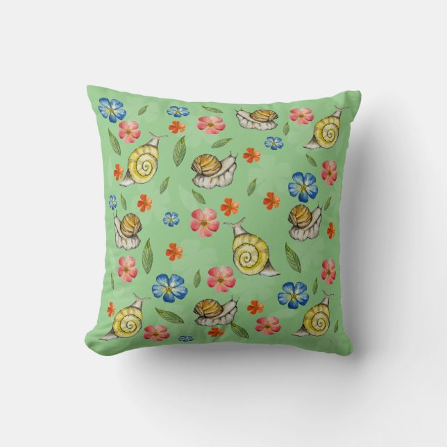 Cute mönster med snigel och vilda blommor kudde (Framsida)