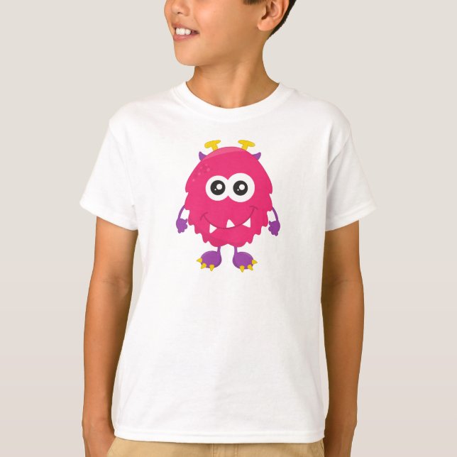 Cute Monster, Rosa Monster, Horns, Funny Monster T Shirt (Framsida)