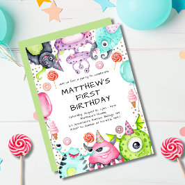 Cute Monsters Barn 1:a födelsedagen Party Inbjudningar