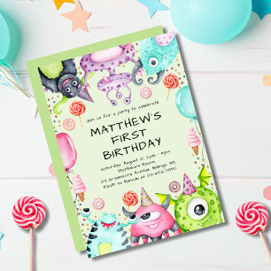 Cute Monsters Barn 1:a födelsedagen Party Inbjudningar