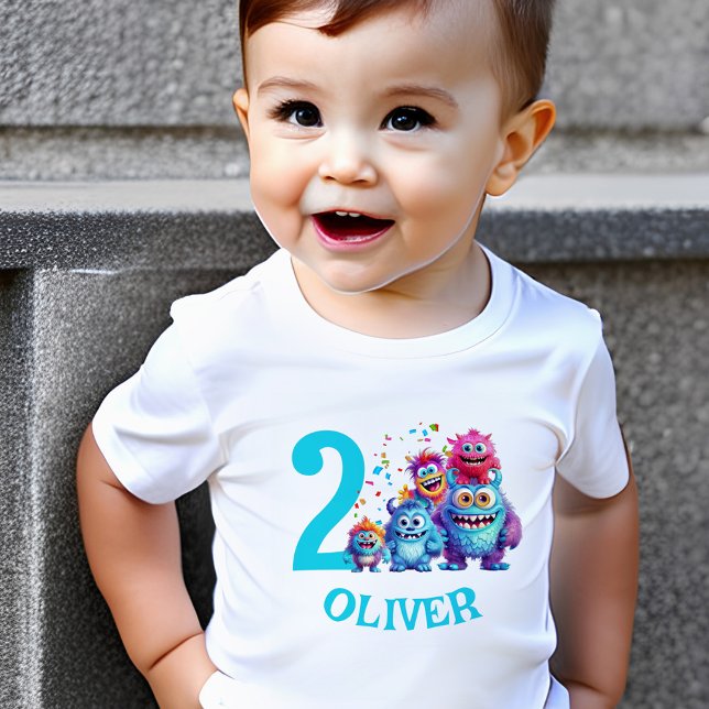 Cute Monsters Birthday Namn Boy Småbarn T-shirt (colorful toddler t-shirt with little monsters for Birthday)