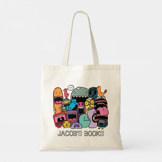 Cute Monsters Characters Namn Bibliotek Bok Tygkasse (Baksida)