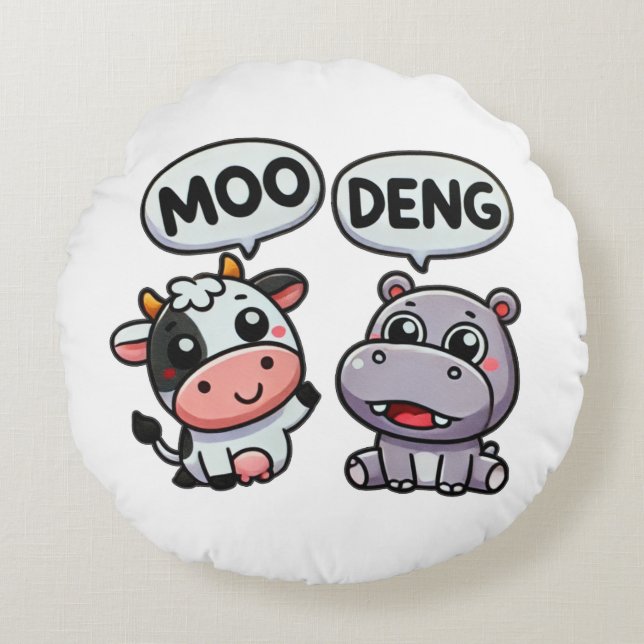 Cute Moo Deng & Cow-Roligt Rund Kudde (Framsidan)