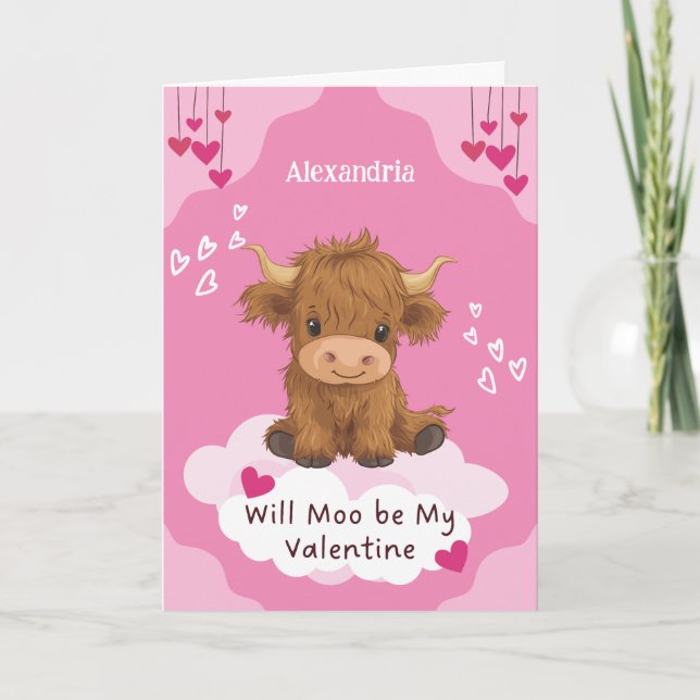 Cute Moo Highland Cow Valentine Helgkort (Framsida)