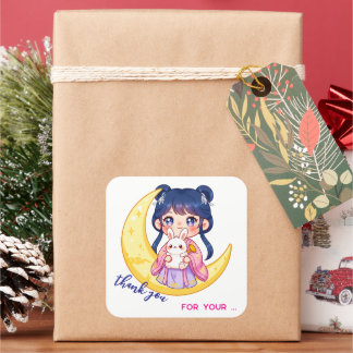 Cute Moon Bunny Girl  Fyrkantigt Klistermärke