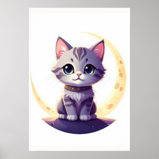 Cute Moon Cat Art Print – Magical Kitten design Poster