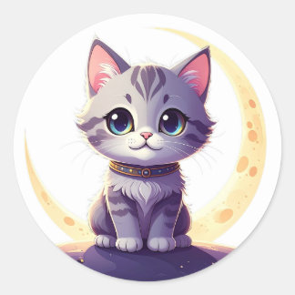 Cute Moon Cat Sticker – Magical Kitten on Crescent Runt Klistermärke