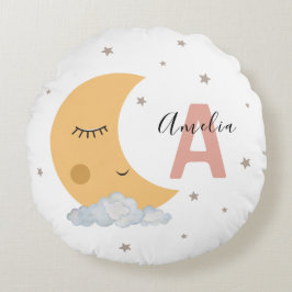 Cute Moon & Clouds Round Nursery Pillow Pink Initi Rund Kudde