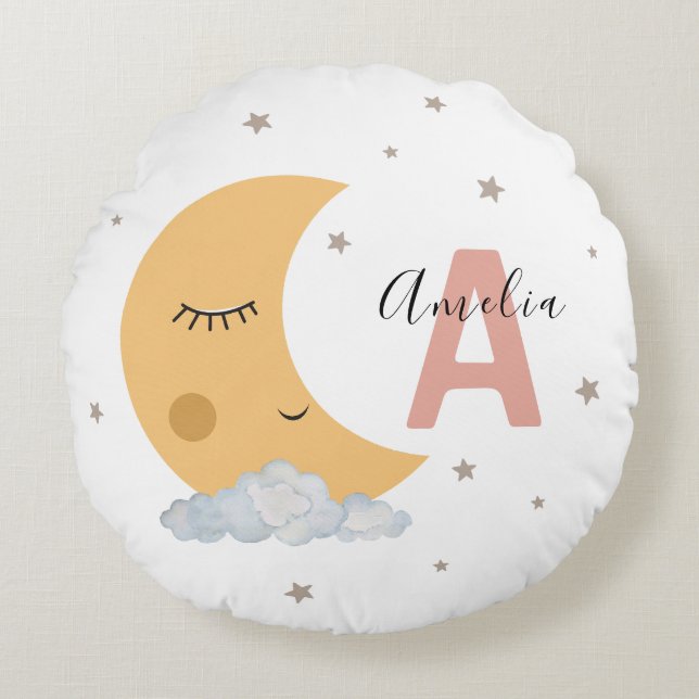 Cute Moon & Clouds Round Nursery Pillow Pink Initi Rund Kudde (Framsidan)