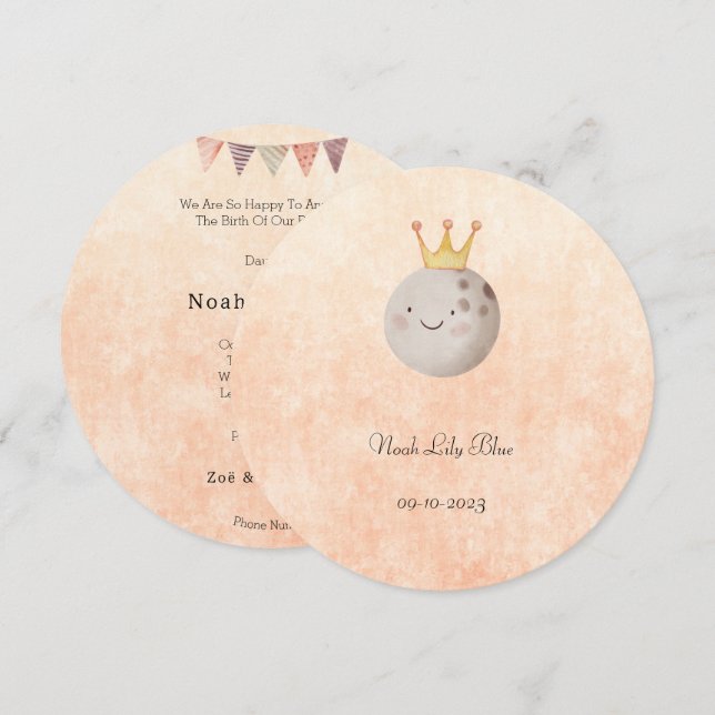 Cute Moon With Crown Baby Girl Card Inbjudningar (Fram/baksida)