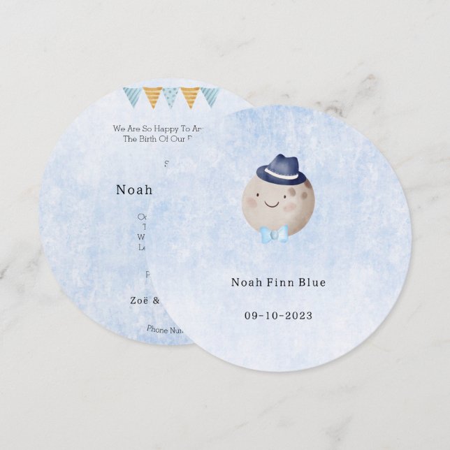 Cute Moon With Hat And Bow Baby Boy Card Inbjudningar (Fram/baksida)