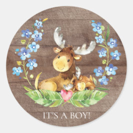 Cute Moose Det är en Boy Favor-fästare Runt Klistermärke