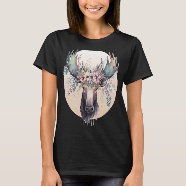 Cute Moose Flower Crown Animal T Shirt (Framsida)