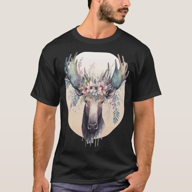 Cute Moose Flower Crown Animal T Shirt (Framsida)