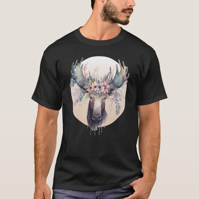 Cute Moose Flower Krona Animal T Shirt (Framsida)
