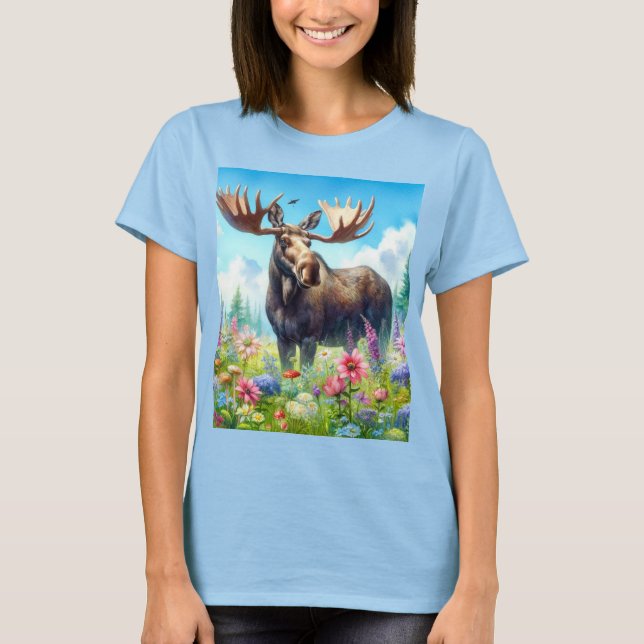 Cute Moose och Wildblommor T-Shirt (Framsida)