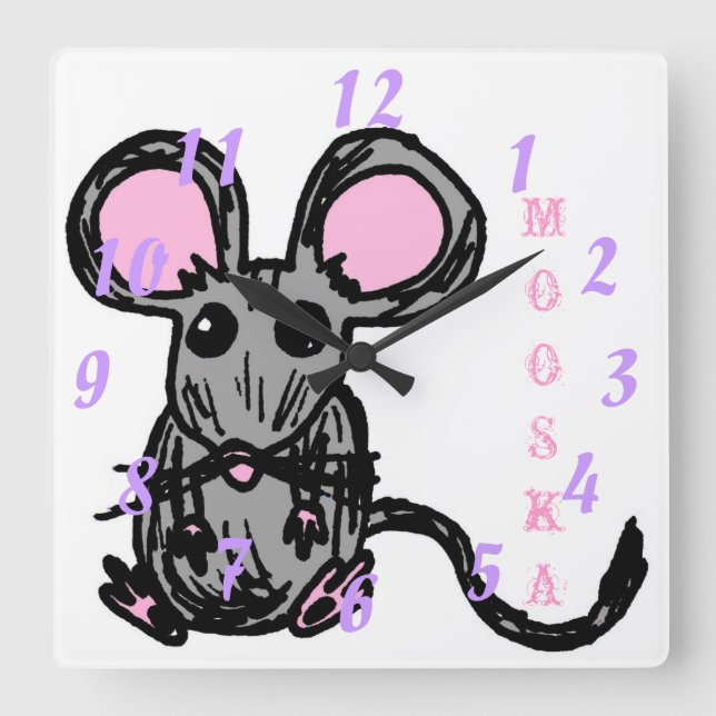 Cute Mooska Mouse Square Clock Fyrkantig Klocka (Framsida)