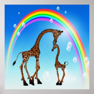 Cute Mor & Baby Giraffe & Rainbow Poster
