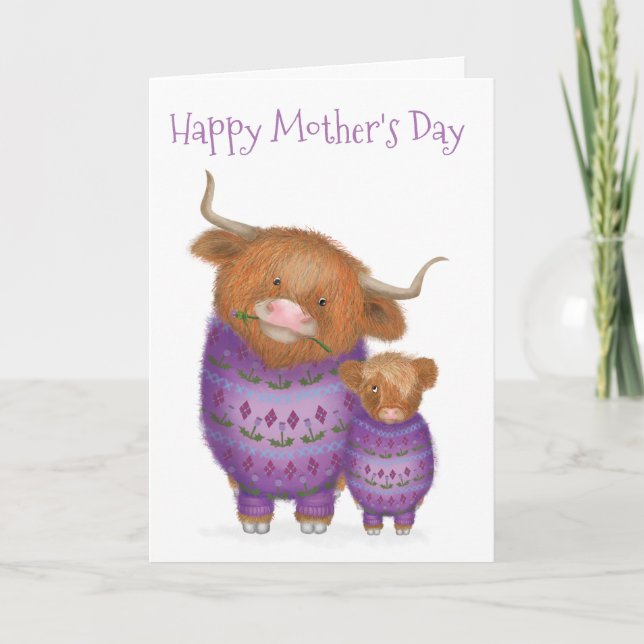 Cute mor & baby Highland cowcard Mors dag Kort (Framsida)