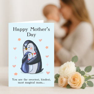 Cute Mor Dag: Mamma och Baby Penguin Tack Kort