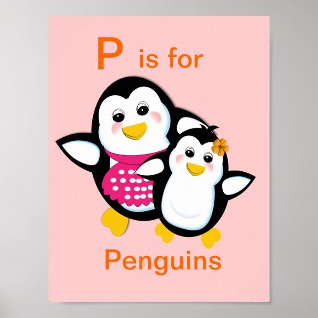 Cute Mor och Baby Penguin Alphabet Brev-P Poster (Framsidan)
