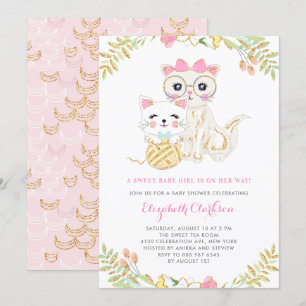 Cute Mor och Dotter Cats Blommigt Baby Shower Inbjudningar