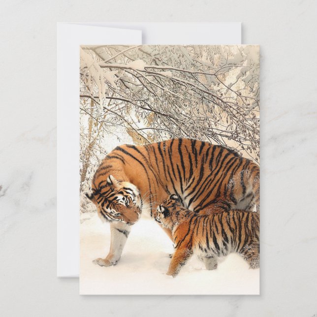 Cute Mor Tiger med Baby i Snö Tack Kort (Framsida)