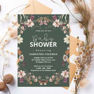 Cute Mörk grönt Boho Wildblomma Modern Baby Shower Inbjudningar