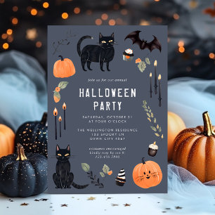 Cute Mörk Halloween Cat Fladdermus Pumpkin Party Inbjudningar