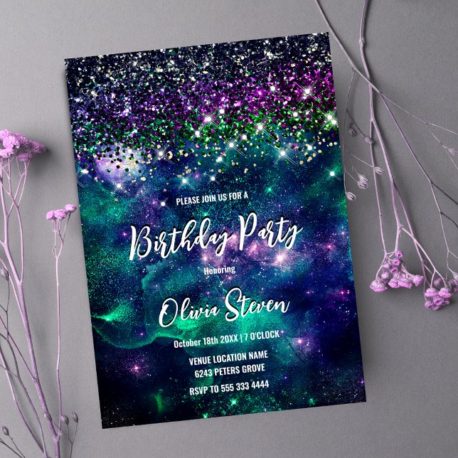 Cute mörk lila grönt faux glitter inbjudningar (Skapare uppladdad)