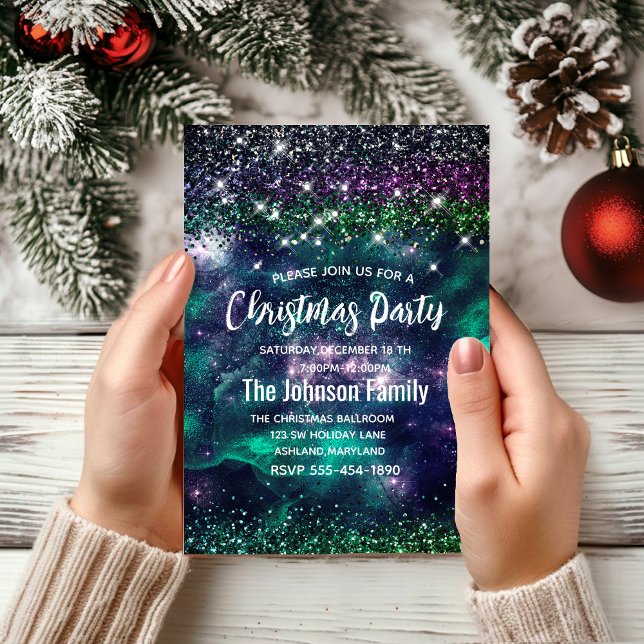 Cute mörk lila grönt faux glitter jul inbjudningar (Skapare uppladdad)