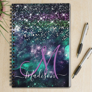 Cute mörk lila grönt faux glitter monogram anteckningsbok