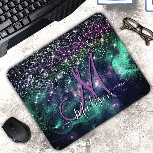 Cute mörk lila grönt faux glitter monogram musmatta