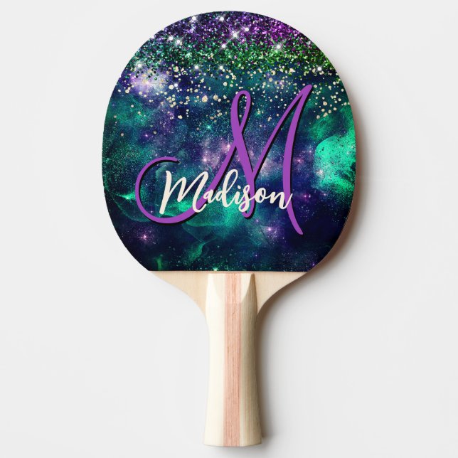 Cute mörk lila grönt faux glitter monogram pingisracket (Framsidan)