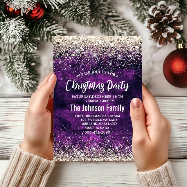 Cute mörk lila guld faux glitter jul inbjudningar (Skapare uppladdad)