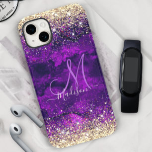 Cute mörk lila guld faux glitter monogram