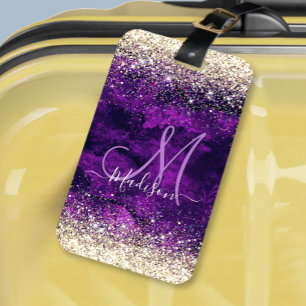 Cute mörk lila guld faux glitter monogram bagagebricka