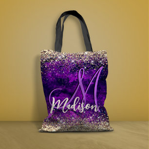 Cute mörk lila guld faux glitter monogram tygkasse