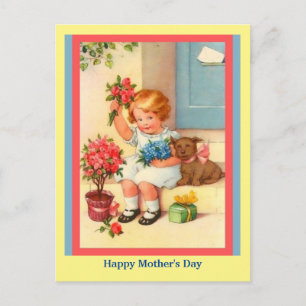 Cute Mors dag Little Girl, Flowers, Hund Vykort