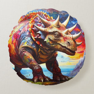 Cute Mosaic Dinosaurs kuddekudde. Rund Kudde