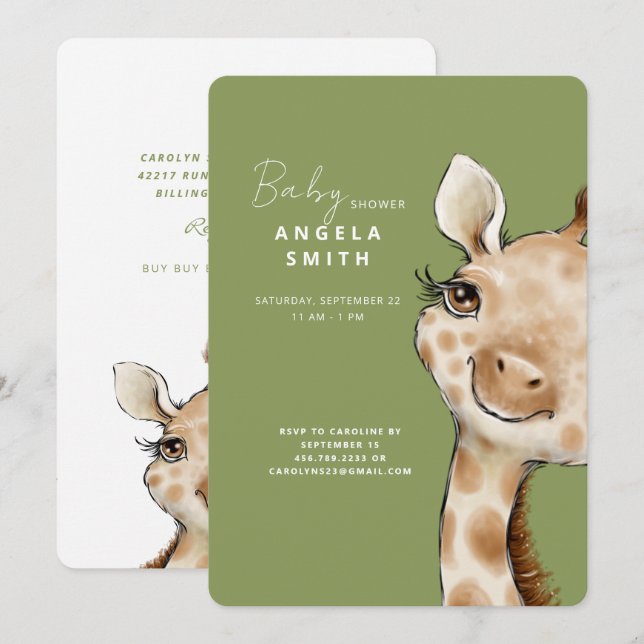 Cute Moss Grönt Baby Giraffe Baby Shower Inbjudningar (Fram/baksida)