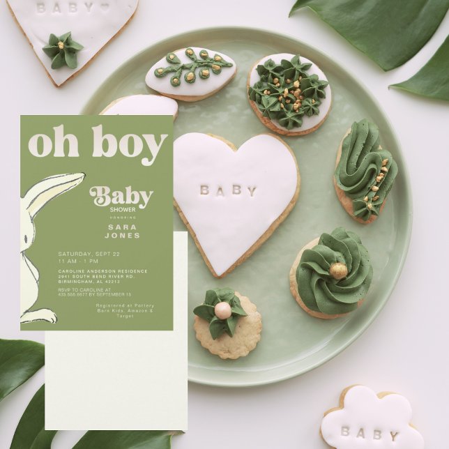 Cute Moss Grönt Oh Boy Rabbit Baby Shower Inbjudningar (Skapare uppladdad)