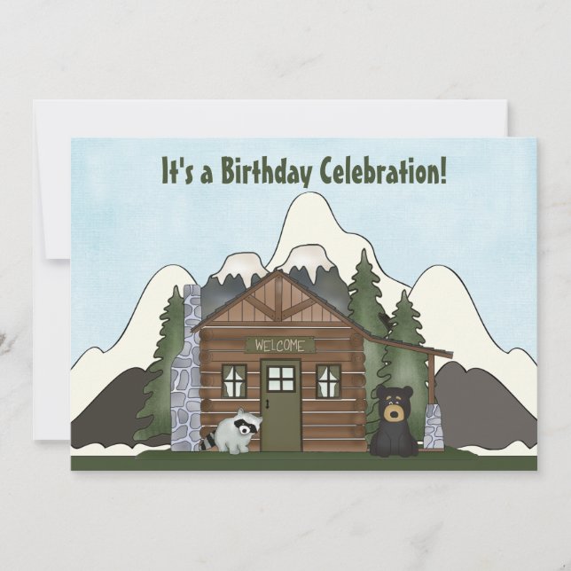 Cute Mountain Cabin med Bear Birthday-inbjudan Inbjudningar (Framsida)
