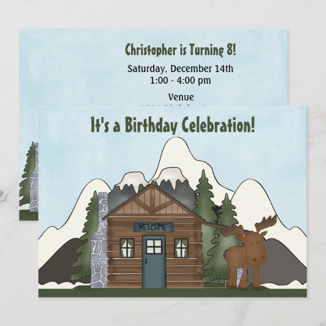 Cute Mountain Cabin och Moose Birthday Inbjudan (Fram/baksida)