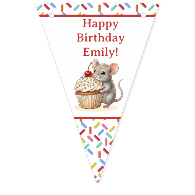 Cute Mouse and Cupcake Personalized Birthday Vimplar (Första flaggan)