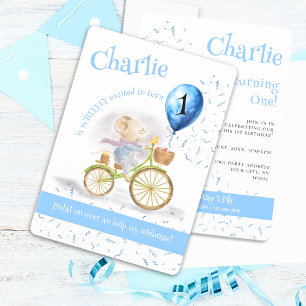 Cute Mouse Animal Bicycle Boy 1st Birthday Party Inbjudningar